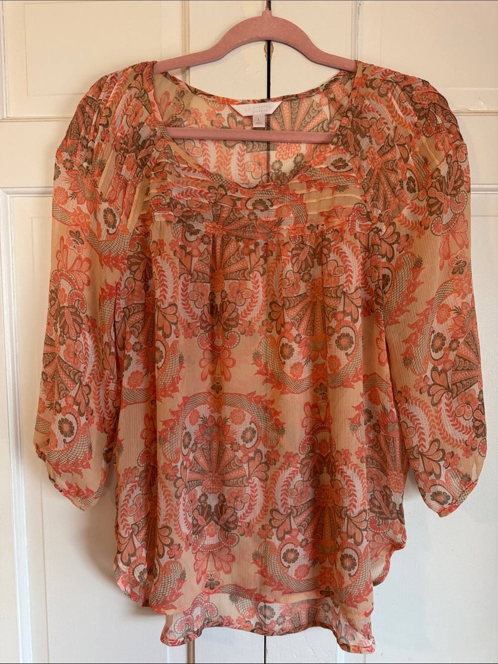 EUC LC Lauren Conrad Peasant Paisley Peach and Olive Semi Sheer Blouse